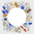 Round frame with various vintage objects for sewing, handicraft and handmade.
