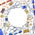 Round frame with various vintage objects for sewing, handicraft and handmade. Royalty Free Stock Photo