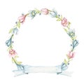 Watercolor round frame with spring blue and rose flowers and blue banner scroll