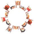 Round frame with watercolor japanese food. Hand drawn illustration of sushi, maki, rolls. Background for menu design.