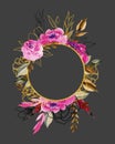 Round frame with watercolor peonies, branches and leaves in crimson, brown and golden colors