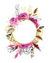 Round frame with watercolor peonies, branches and leaves in crimson, brown and golden colors