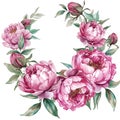 Round frame. Watercolor pink peones wreath Royalty Free Stock Photo