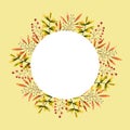 Round frame with watercolor sprigs, leaves, berries. Illustration isolated. Hand drawn autumn wreath perfect for vintage design