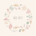 Round frame with wild west hand drawn elements. Western Lettering, cactus, cowbot hat, desert animals. Royalty Free Stock Photo