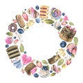 Round frame, a wreath of cakes, cupcakes, lollipops and berries. Watercolor illustration from a large set of SWEETS. For Royalty Free Stock Photo