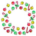 Round frame, wreath is made of candy cane, Xmas tree balls. New Year and Christmas backgrounds and textures. For greeting cards, Royalty Free Stock Photo