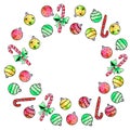 Round frame, wreath is made of candy cane, Xmas tree balls. New Year and Christmas backgrounds and textures. For greeting cards, Royalty Free Stock Photo