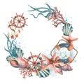 A round frame, a wreath with marine inhabitants, a steering wheel, an anchor and a lifebuoy. Watercolor illustration