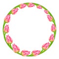 Round frame wreath of pink lotus buds and green stem. Tropical plant of Asia. Hand-drawn watercolor illustration