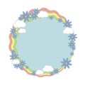 Round frame wreath rainbow stripes with composition of blue flowers and white clouds vector object isolated on white background. Royalty Free Stock Photo