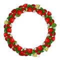 Round frame, wreath with realistic berries and leaves of ripe strawberries