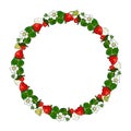 Round frame, wreath with realistic berries and leaves of ripe strawberries