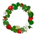 Round frame, wreath with realistic berries and leaves of ripe strawberries