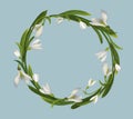 Round frame wreath of white snowdrops