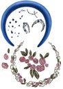 Round frames with flowers, leaves, jewelry details and embroideries