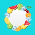 Round Fruit Frame with Ice Cubes, Pineapple, Watermelon, Cherry, Orange,