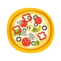 Round Full Pizza With Pepperoni Primitive Cartoon Icon, Part Of Pizza Cafe Series Of Clipart Illustrations