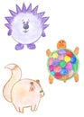 Round funny animals, hedgehog, squirrel, turtle