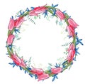 Round garland with spring flowers tulips and and small blue flowers.