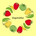 Round garland with yellow, red and green vegetables. Tomatoes, cucumbers and pepprs circle with space for text and season design Royalty Free Stock Photo