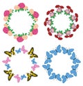 Round vector garlands of flowers and butterflies - set Royalty Free Stock Photo