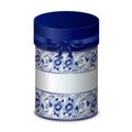 Round gift box with bow and blue pattern in Gzhel style.
