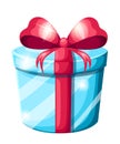 Round gift box with red bow. Blue christmas container. Vector illustration isolated on white background. Royalty Free Stock Photo