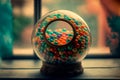 A round glass ball with multi-colored candies stands in a the window, vintage colors.