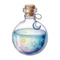 A round glass bottle is filled with a colorful, pastel liquid featuring star and crescent moon patterns Royalty Free Stock Photo