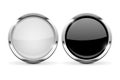 Round glass buttons. Set of black and white 3d icons with chrome frame Royalty Free Stock Photo