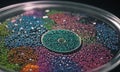 round glass container holds vibrant array multicolored beads, with small green bead at the center.