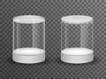 Round glass showcase box 3d realistic shop mockup transparent background design vector illustration