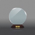 Round glass trophy award. Acrilic blank crystal prize on isolated background. Round glass award cup for winner. Realistic pedestal