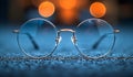 Round Glasses On Blue Surface. Round glasses lay on a blue textured surface with out-of-focus lights in the background. Royalty Free Stock Photo
