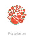 Round globe red fruit and berries. Card I love fruitarianism eco vegetarian healthy food. Vector illustration