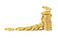 Round glossy gold coins fall and rest against a column of the same coins. Increase your earnings. Vector