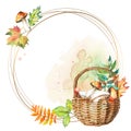 Round gold frame with a basket of mushrooms. Watercolor. Vector