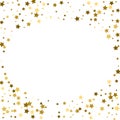 Round gold frame or border of random scatter golden stars on white background. Design element for festive banner, birthday and gr Royalty Free Stock Photo