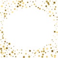 Round gold frame or border of random scatter golden stars on white background. Design element for festive banner, birthday and gr Royalty Free Stock Photo