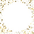 Round gold frame or border of random scatter golden stars on white background. Design element for festive banner, birthday and gr Royalty Free Stock Photo