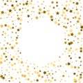 Round gold frame or border of random scatter golden stars on white background. Design element for festive banner, birthday and gr Royalty Free Stock Photo