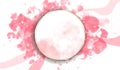 Round gold frame with pink watercolor stains. Beautiful illustration with pink abstract streaks and stripes. Place for