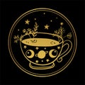 Round gold icon on a black background. Mug with magic space tea and stars. Boho illustration with hand for astrology