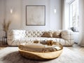 Round golden coffee table in front of white amazing sofa. Interior design of modern living room. Created with generative AI Royalty Free Stock Photo