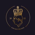 Round golden emblem - God Save The King words with Charles III in royal crown. Crownred head profile. Vector elegant