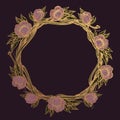 Round golden frame made of branches with lush flowers. Decorative element for design work in the boho style. Wreath on a dark Royalty Free Stock Photo