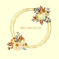 Round golden frame with watercolor roses bouquets, hand painted on a beige background