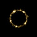 Round golden winter snow frame border with stars, sparkles and snowflakes on black background. Festive christmas banner Royalty Free Stock Photo