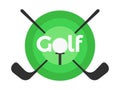 Round golf banner with text, clubs and ball. The word golf where o is a golf ball. Golf clubs criss-cross. Design for banners,